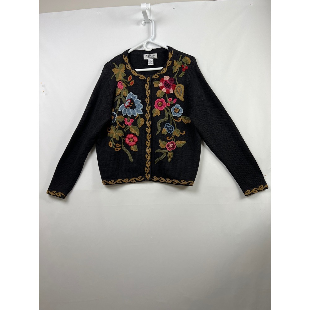 All Points Cardigan Sweater Women L Black Floral Embroidered Ramie Cotton Vtg
